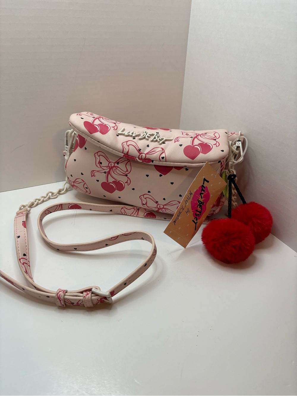 Luv Betsey Johnson Pink cherries Heart-Print Crossbody W Red cherry Pom Pom